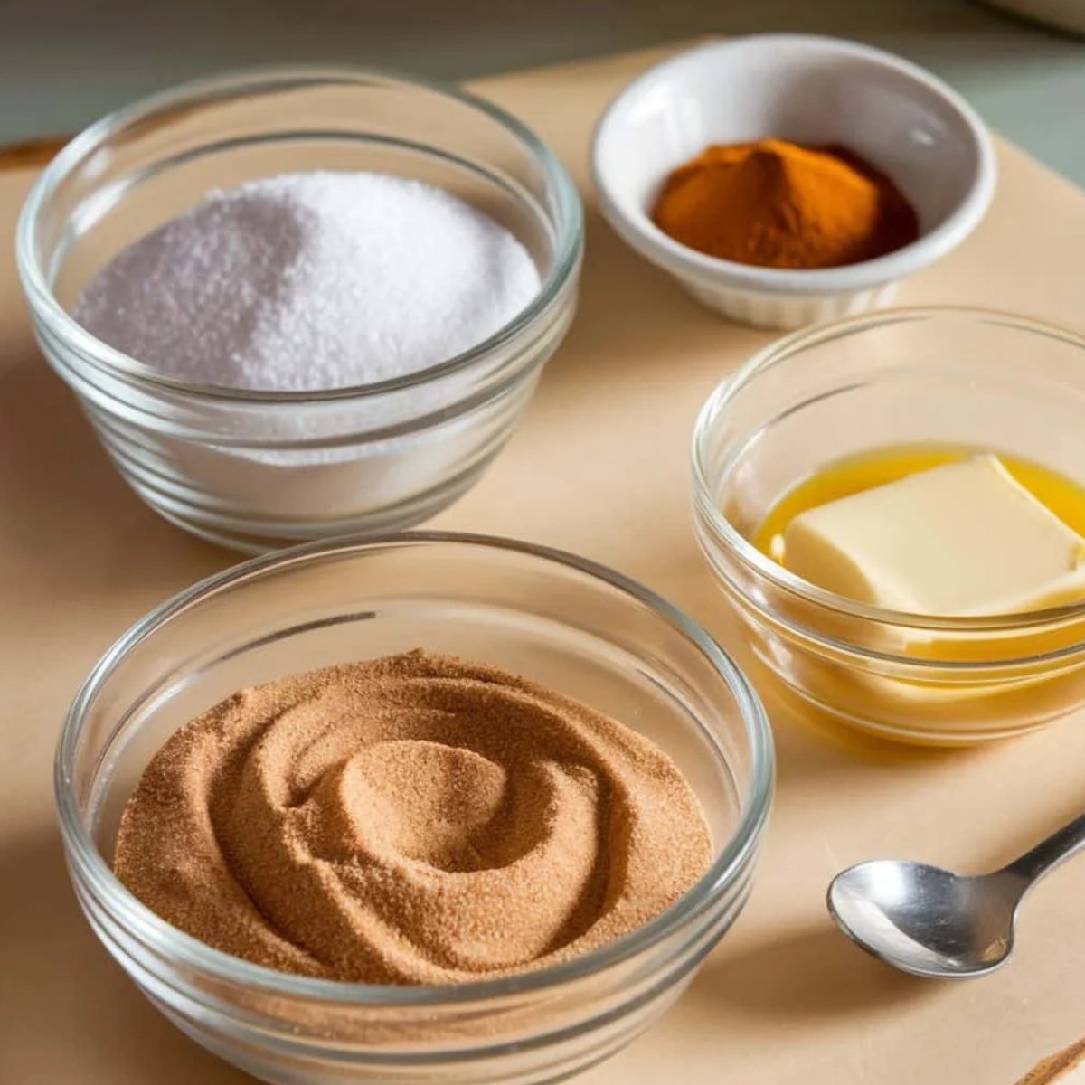 A close-up of cinnamon sugar coating ingredients for a pumpkin donut recipe, including granulated sugar, ground cinnamon, melted butter, and pumpkin spice. This sweet and spiced mixture adds a warm, flavorful finish to homemade pumpkin donuts.