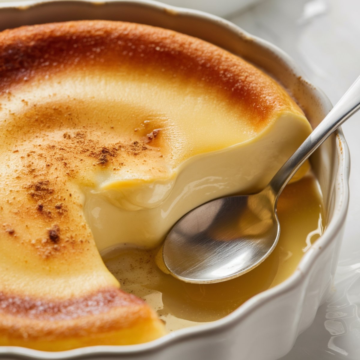 Classic Amish Baked Custard in a white fluted dish, featuring a silky smooth texture with a golden caramelized top. A spoon scoops out a rich, creamy portion, revealing its delicate consistency. Lightly dusted with cinnamon, this comforting dessert is surrounded by a pool of sweet caramel sauce.