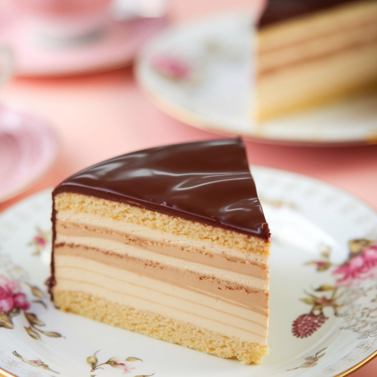 A slice of Boston Cream Cake featuring layers of fluffy vanilla sponge cake, rich custard filling, and a smooth, glossy chocolate ganache topping, served on an elegant floral plate. This classic dessert is indulgent and perfect for any occasion.