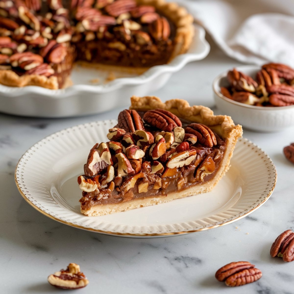 Classic bourbon pecan pie recipe featuring a rich, gooey filling with toasted pecans, a flaky homemade crust, and a hint of bourbon. A decadent and nutty dessert, perfect for any occasion.