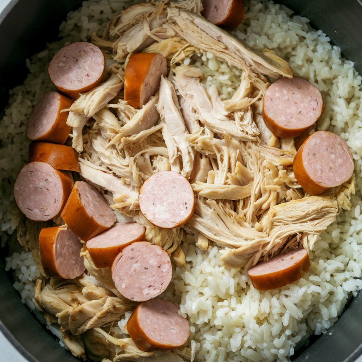 : A close-up of Chicken Bog Recipe, a traditional Southern one-pot dish, featuring tender shredded chicken, smoked sausage slices, and seasoned rice cooked together in a flavorful broth. This comforting and hearty Carolina-inspired recipe is known for its rich taste and satisfying texture.