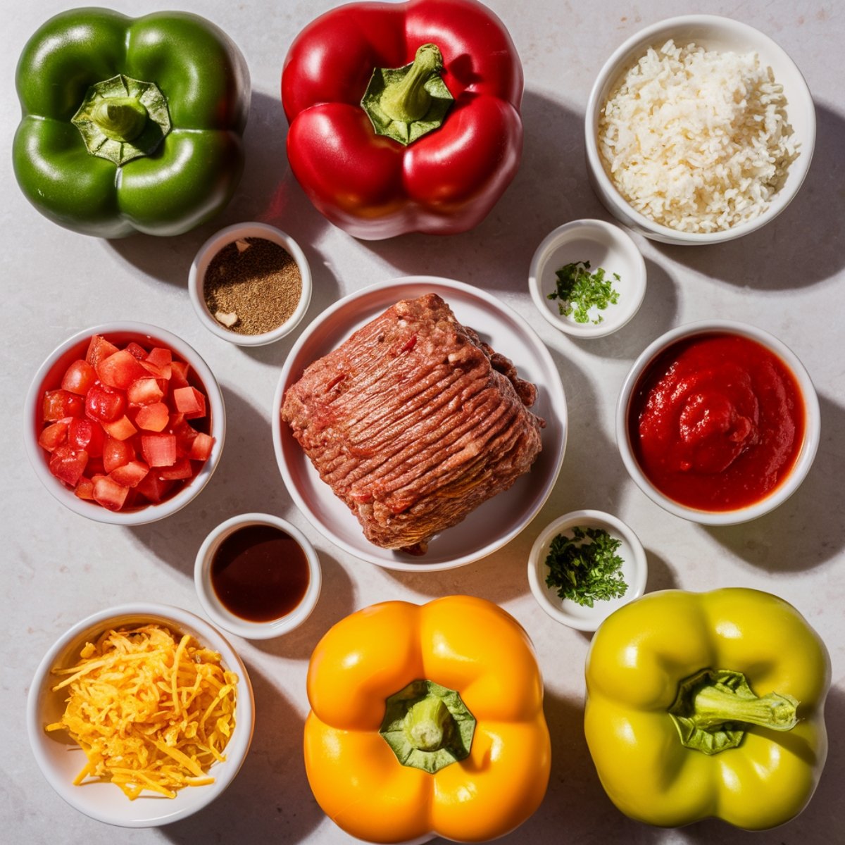 Ingredients for Old Fashioned Stuffed Bell Peppers Recipe displayed on a kitchen counter. Fresh green, red, yellow, and orange bell peppers, ground beef, cooked rice, diced tomatoes, tomato sauce, shredded cheese, and seasonings are neatly arranged, showcasing the key components of this hearty and classic comfort food dish.