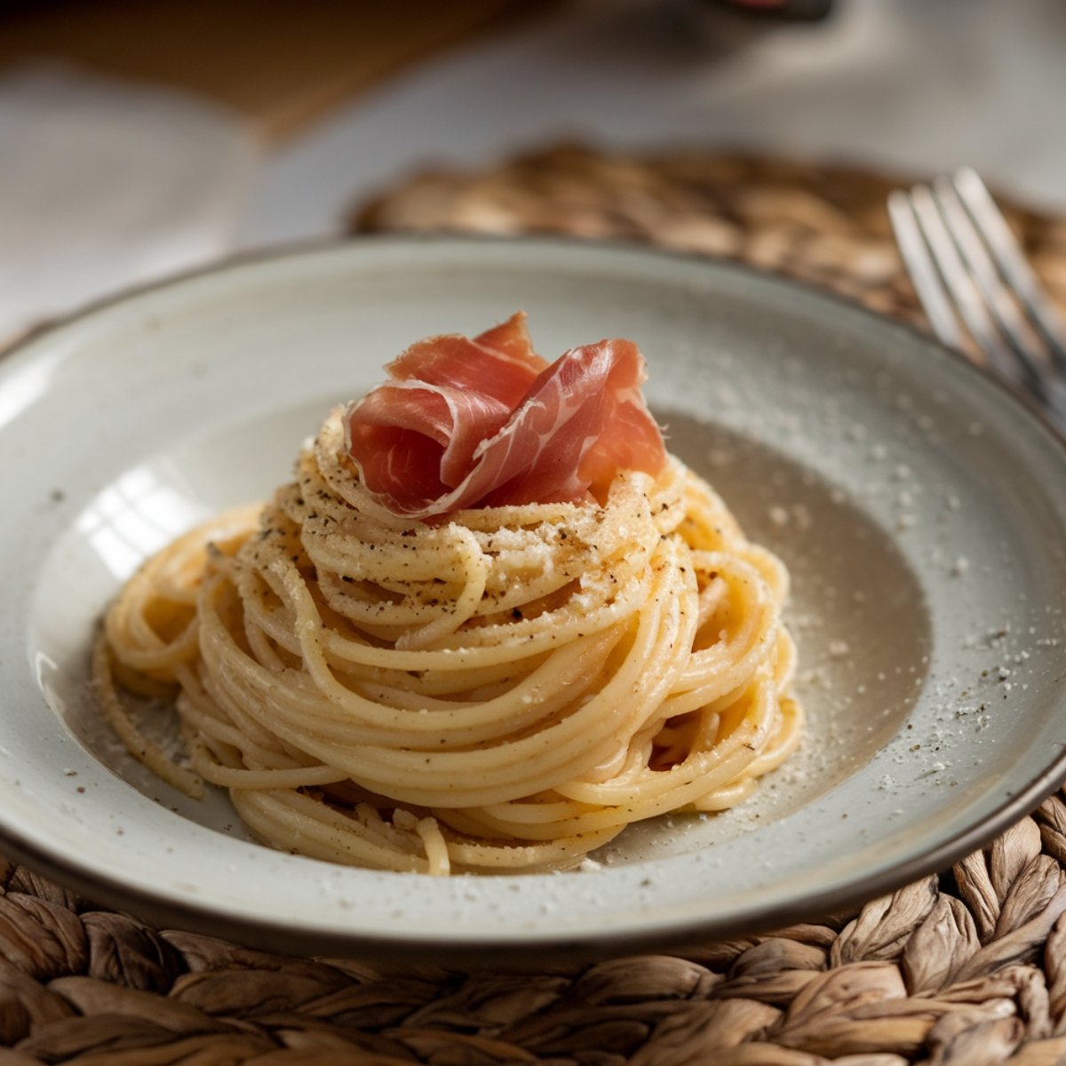 A beautifully plated Traditional Carbonara Recipe, featuring spaghetti coated in a creamy Pecorino Romano and black pepper sauce, topped with delicate folds of prosciutto. The dish is served on a rustic ceramic plate, highlighting the rich, authentic flavors of classic Italian cuisine.