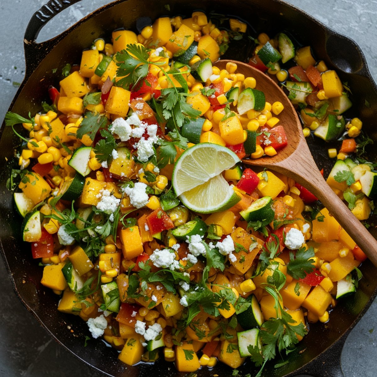 A colorful and savory Calabacitas recipe cooked in a cast-iron skillet, featuring tender zucchini, sweet corn, red bell peppers, and ripe tomatoes. Garnished with fresh cilantro, crumbled queso fresco, and lime wedges, this traditional Mexican zucchini dish is a flavorful and healthy vegetarian meal, perfect as a side or main course.