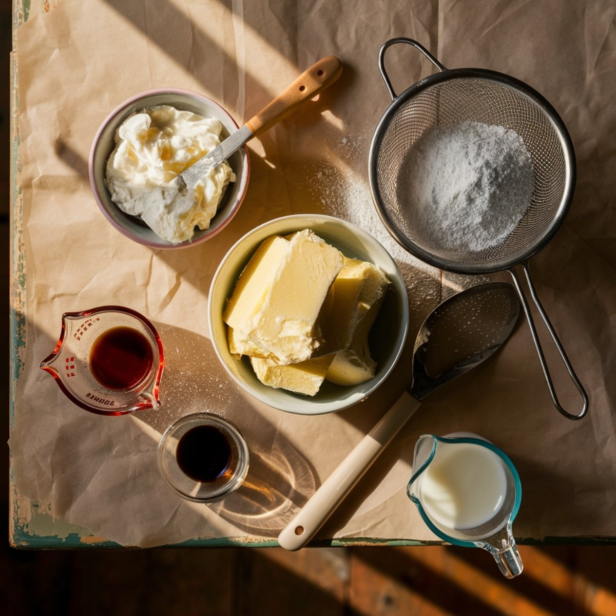 A warm and inviting flat lay of ingredients for cream cheese frosting, perfect for Cake Mix Cinnamon Rolls. The setup includes softened butter, cream cheese, powdered sugar in a sieve, vanilla extract, and milk, arranged on a rustic wooden surface with natural sunlight highlighting the creamy textures.