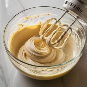 A glass mixing bowl filled with smooth, creamy cake batter for the famous Tom Cruise Coconut Cake. The electric mixer beaters, coated in the luscious batter, rest above the bowl, showcasing its silky texture. The scene is set on a clean marble countertop, capturing the essence of homemade baking.