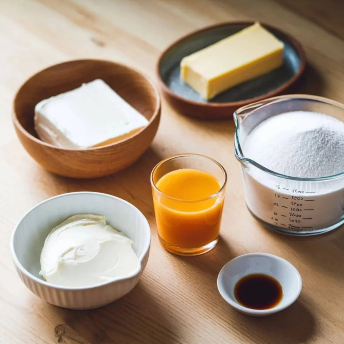 A collection of ingredients for the Mandarin Orange Cake Recipe's creamy frosting, including cream cheese, butter, powdered sugar, fresh mandarin orange juice, vanilla extract, and whipped cream. These ingredients combine to create a rich, smooth, and citrus-infused frosting for the cake.