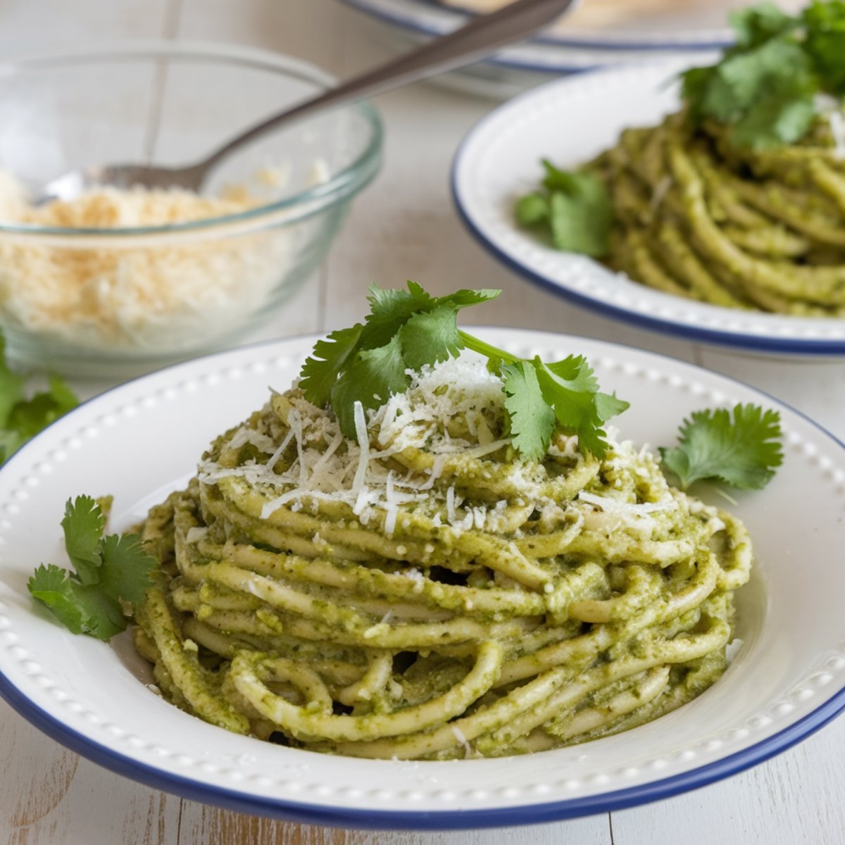 Creamy Green Spaghetti Recipe served on a white plate, topped with fresh cilantro and grated cheese. A flavorful and easy-to-make pasta dish with a rich poblano-based green sauce.