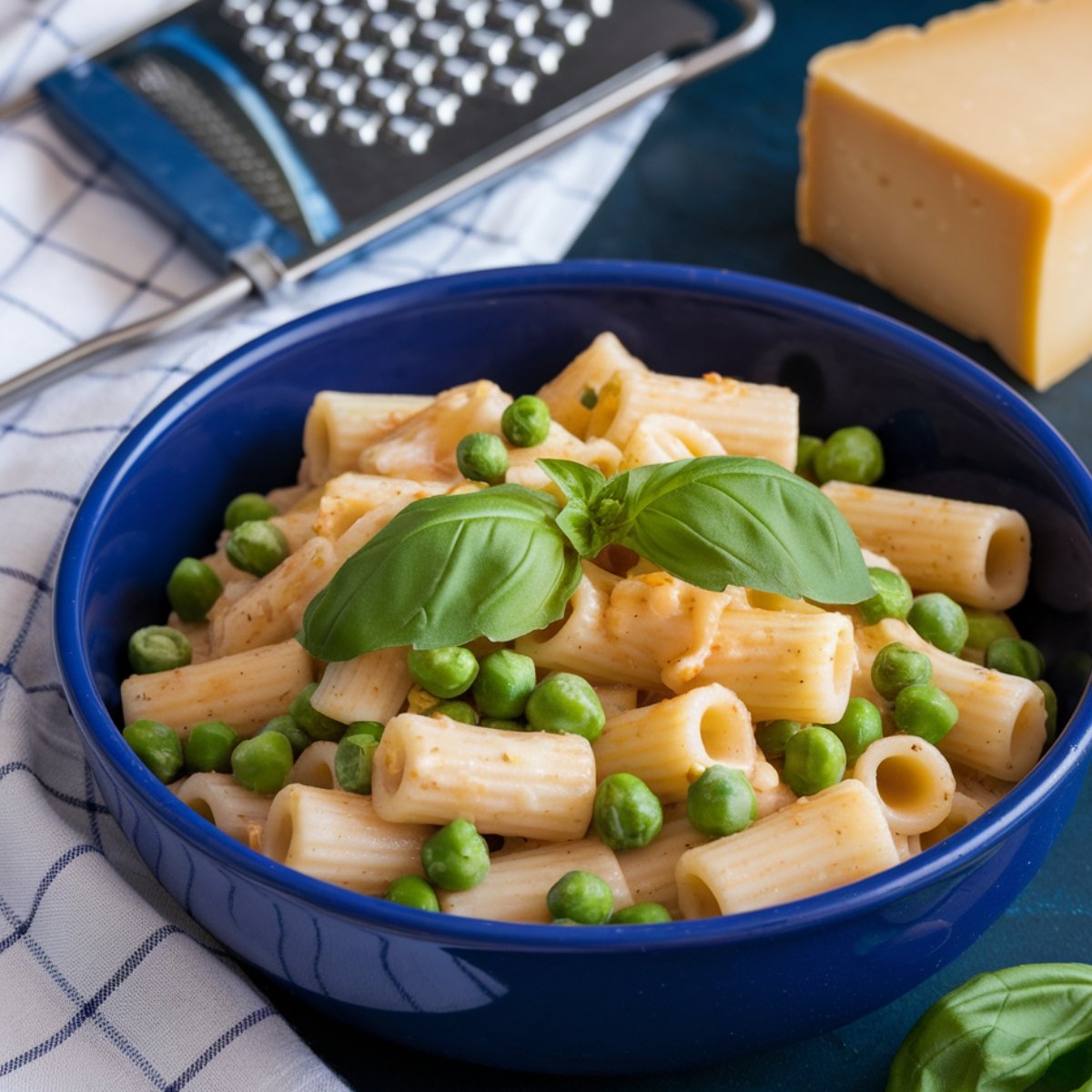 Creamy Pasta and Peas Recipe served in a blue bowl, featuring rigatoni pasta, sweet green peas, fresh basil, and Parmesan cheese. A simple and delicious comfort food dish perfect for a quick meal.