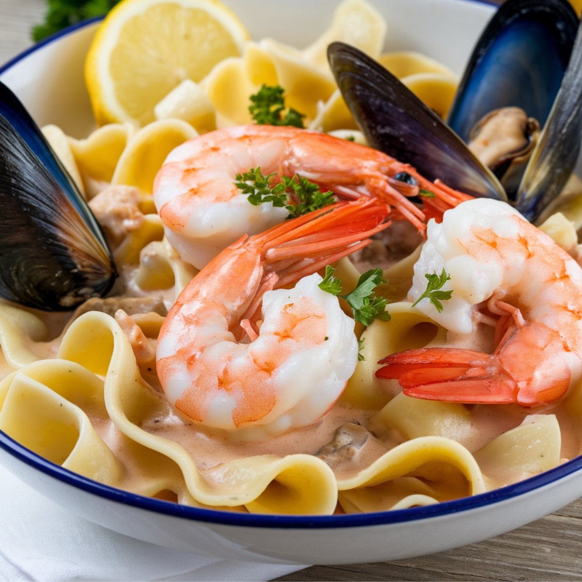 A bowl of rich and creamy seafood pasta featuring succulent shrimp and mussels served over ribbon pasta in a luscious, flavorful sauce. Garnished with fresh parsley and lemon wedges, this dish is a perfect balance of seafood flavors and creamy indulgence.