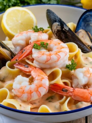 A bowl of creamy seafood pasta featuring tender shrimp and mussels served over wide ribbon pasta in a rich, flavorful sauce. Garnished with fresh parsley and lemon wedges, this dish offers a luxurious and comforting seafood experience.