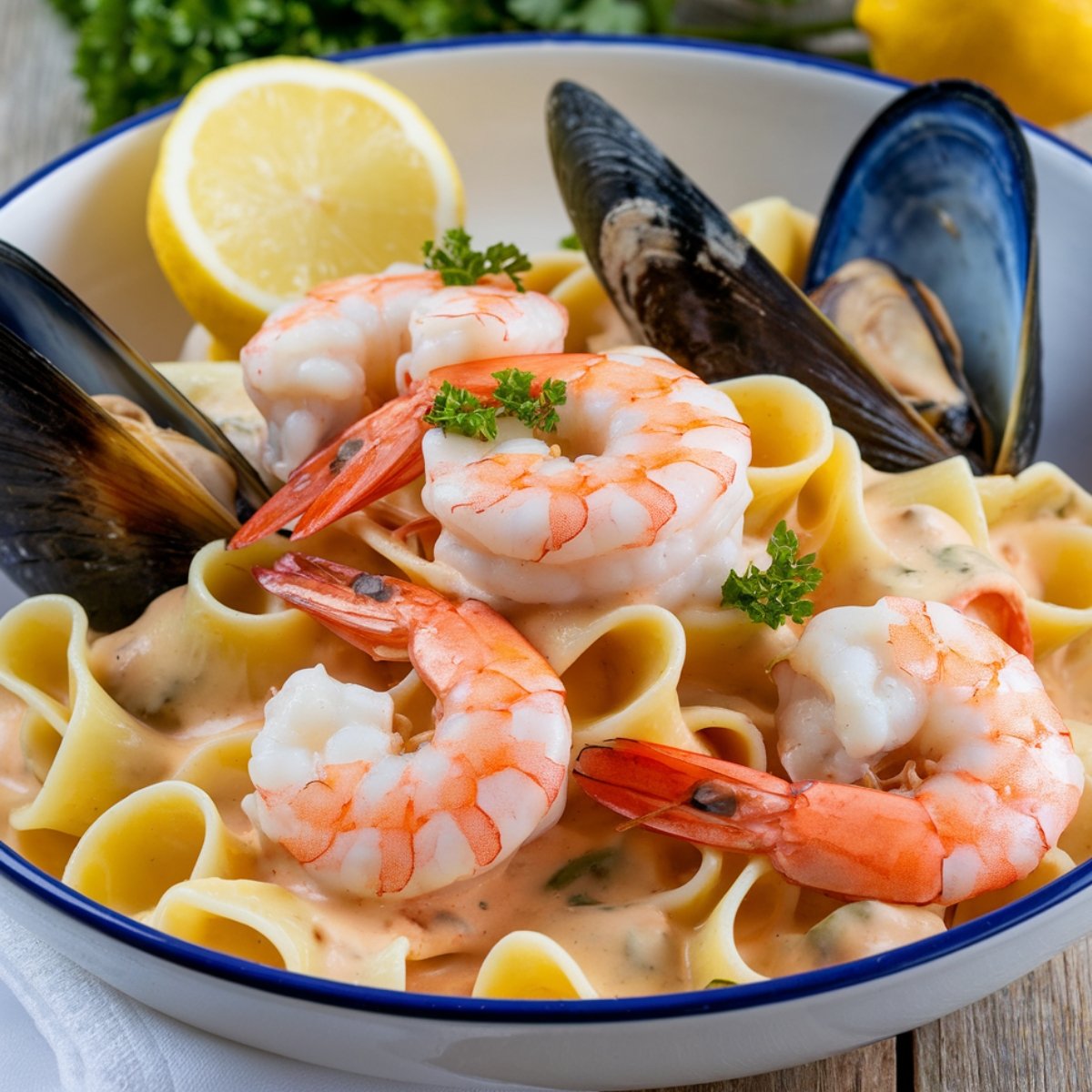 A bowl of creamy seafood pasta featuring tender shrimp and mussels served over wide ribbon pasta in a rich, flavorful sauce. Garnished with fresh parsley and lemon wedges, this dish offers a luxurious and comforting seafood experience.