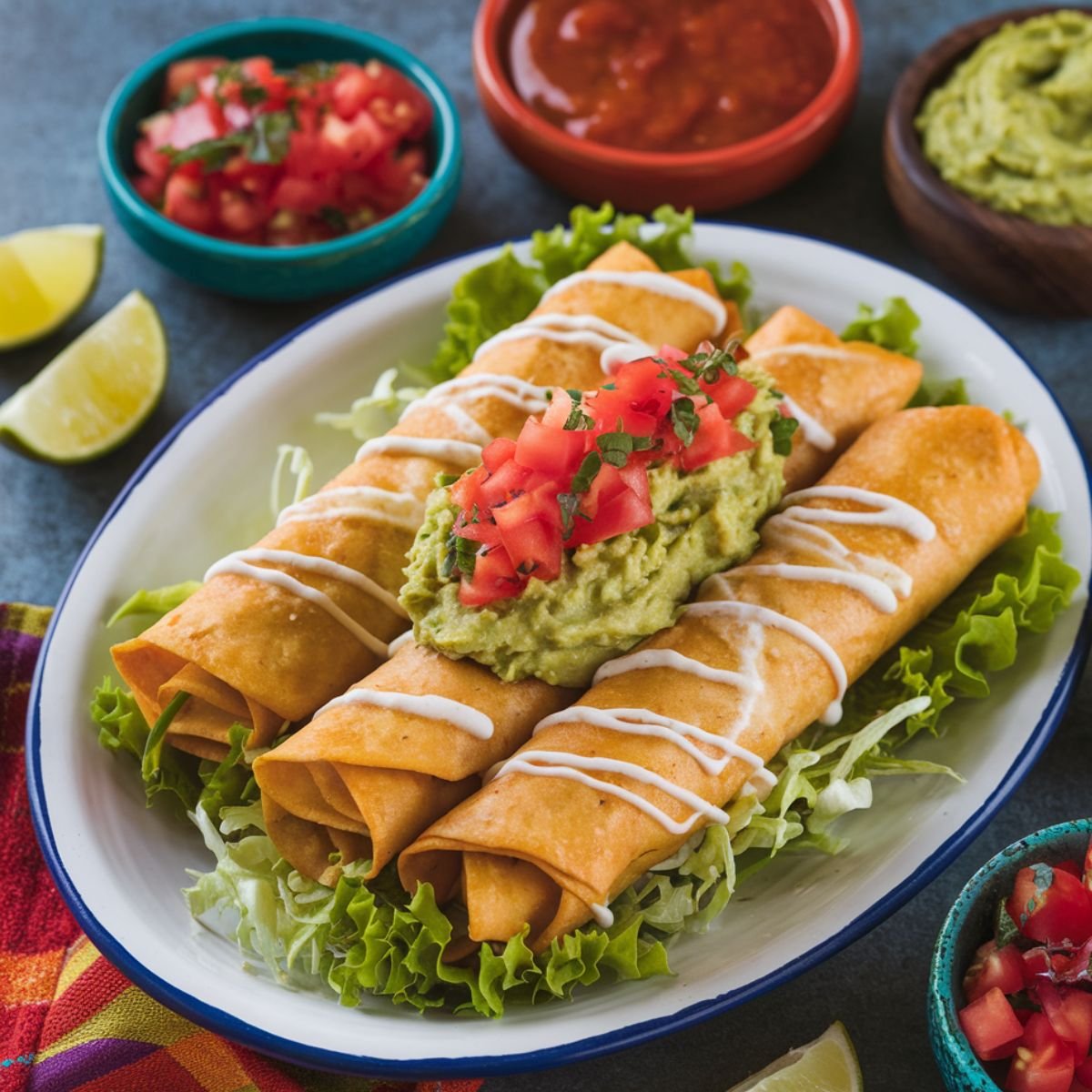 Crispy Beef Taquitos served on a plate with fresh guacamole, diced tomatoes, and a drizzle of sour cream. Accompanied by salsa, lime wedges, and a colorful garnish. Perfect homemade Beef Taquitos recipe for a delicious Mexican-inspired meal.