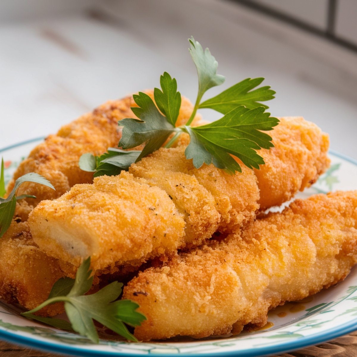 A plate of crispy, golden fried fish made using a Hillbilly Fish Fry Seasonings Recipe, garnished with fresh parsley. The perfectly seasoned coating creates a crunchy texture, enhancing the tender, flaky fish inside for a delicious Southern-style meal.