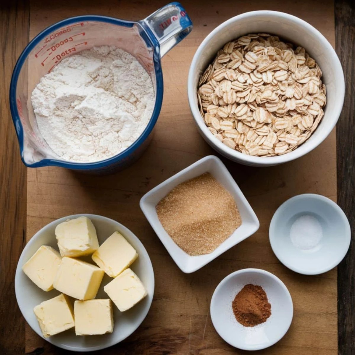 Ingredients for the crumble topping in a peach crumble recipe, including flour, oats, butter, brown sugar, cinnamon, and salt, arranged on a wooden surface. A buttery, sweet, and crunchy topping for a delicious homemade dessert.