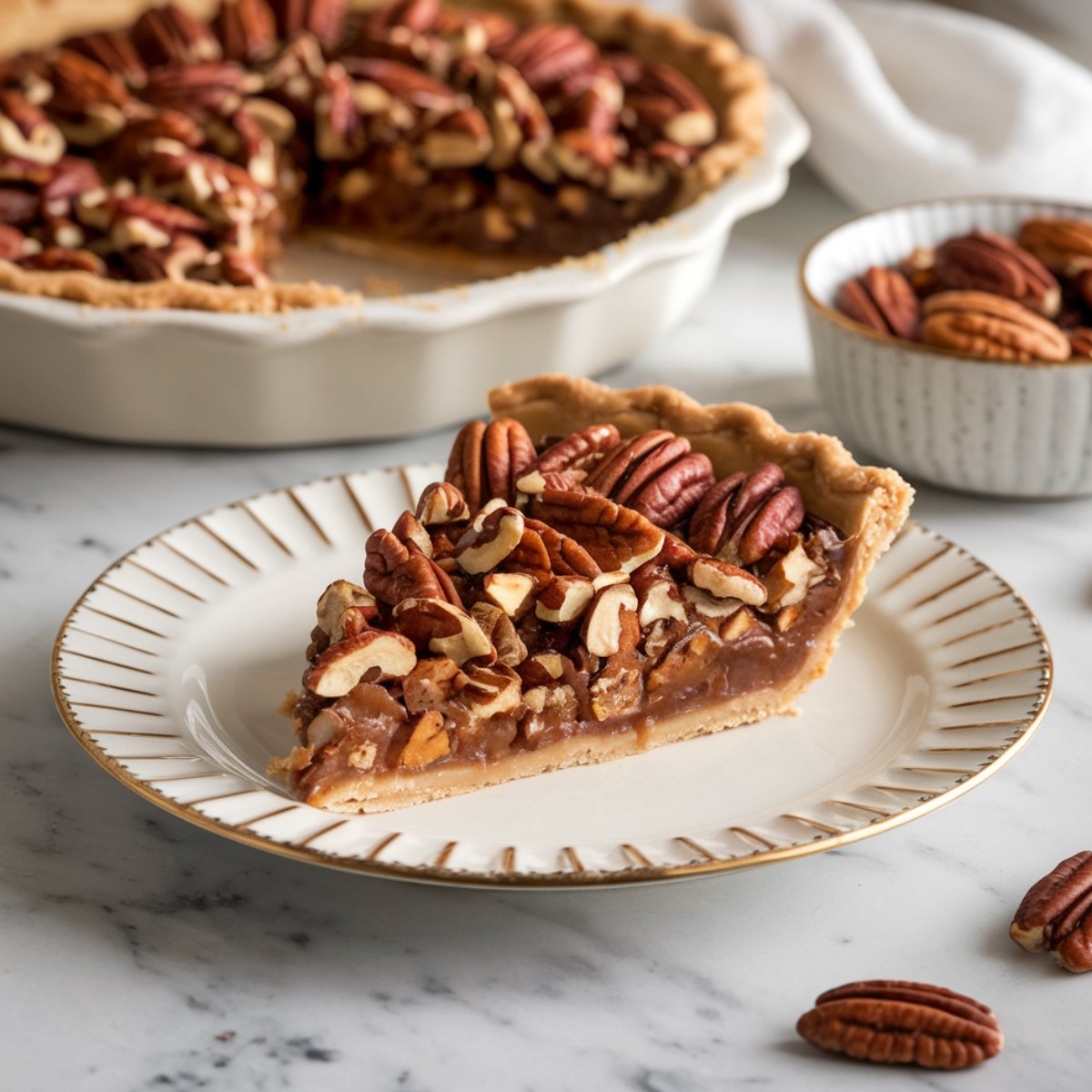 Decadent bourbon pecan pie recipe featuring a buttery, flaky crust, a rich caramelized filling, and crunchy toasted pecans. A classic Southern dessert with a hint of bourbon for extra depth and flavor.