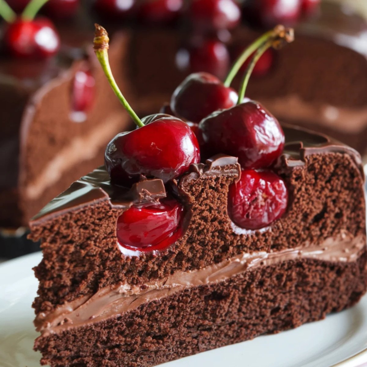 A rich and decadent Chocolate Cherry Cake Recipe featuring layers of moist chocolate sponge, creamy chocolate filling, and glossy chocolate ganache. The cake is topped with fresh, juicy cherries and chocolate chunks, creating an indulgent and elegant dessert perfect for any occasion.