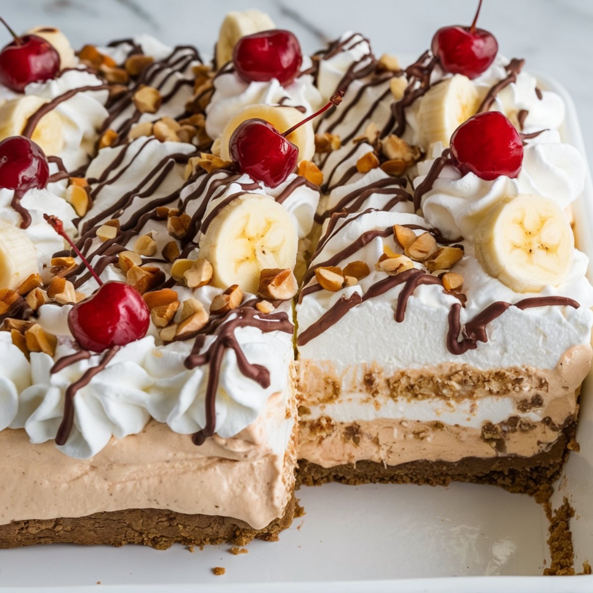 Irresistible No-Bake Banana Split Cake Recipe – A layered dessert with a graham cracker crust, creamy banana and chocolate filling, fluffy whipped topping, fresh banana slices, maraschino cherries, crunchy chopped nuts, and a drizzle of chocolate syrup. A perfect twist on the classic banana split dessert!