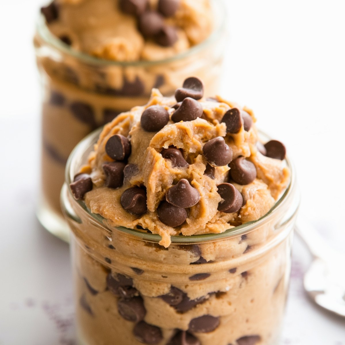 A jar filled with creamy, edible protein cookie dough topped with rich chocolate chips. This high-protein, no-bake dessert is a healthy and indulgent treat, perfect for a nutritious snack. Made with wholesome ingredients like protein powder, nut butter, and natural sweeteners for a guilt-free cookie dough experience.