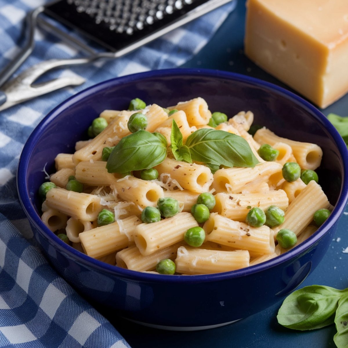 Delicious Pasta and Peas Recipe served in a blue bowl, featuring creamy rigatoni pasta, sweet green peas, fresh basil, and grated Parmesan cheese. A quick and easy comfort food dish perfect for any meal.