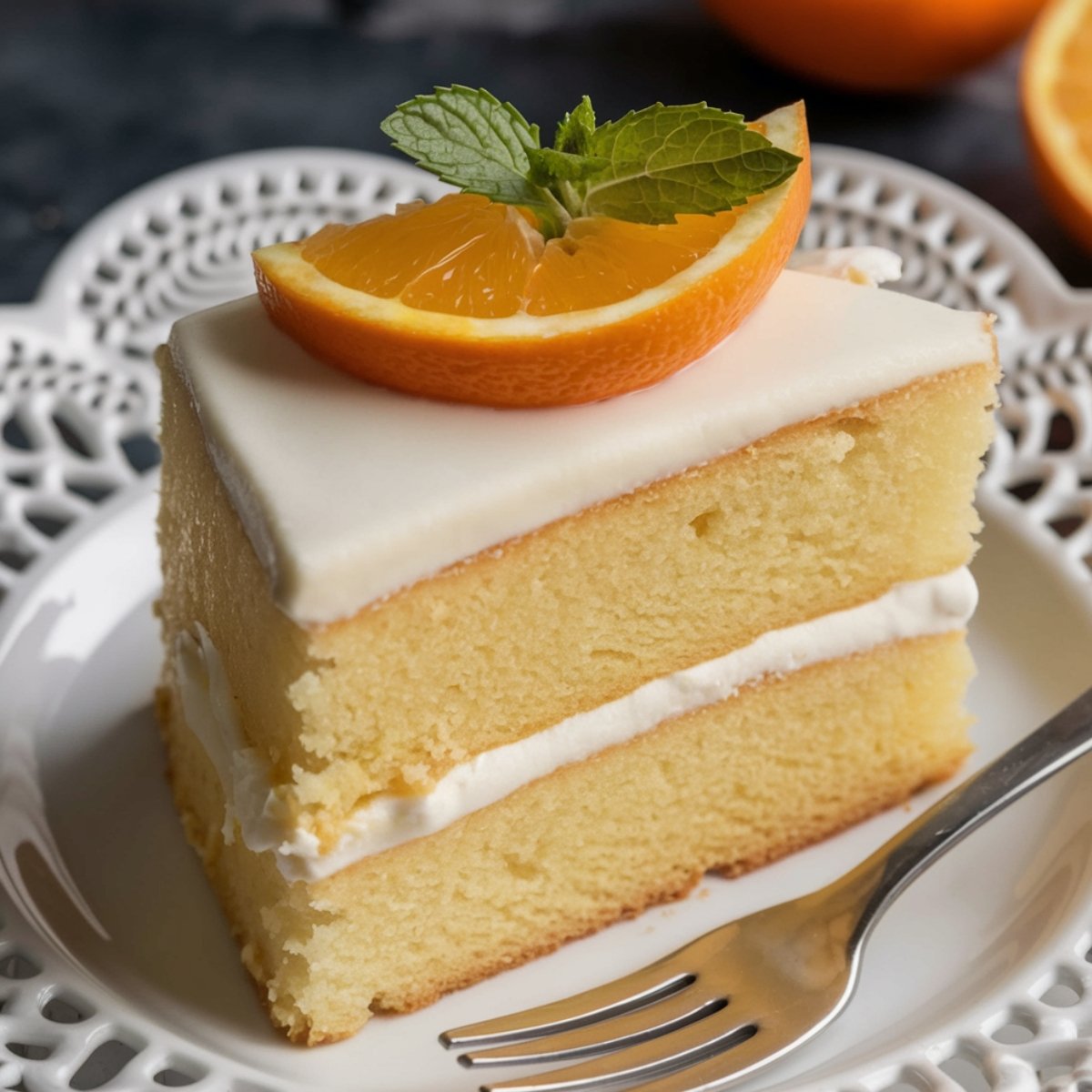 A slice of Mandarin Orange Cake with creamy frosting, garnished with a fresh mandarin orange wedge and a sprig of mint. The cake features moist layers infused with citrus flavor, a smooth cream cheese frosting, and a light, fluffy texture.