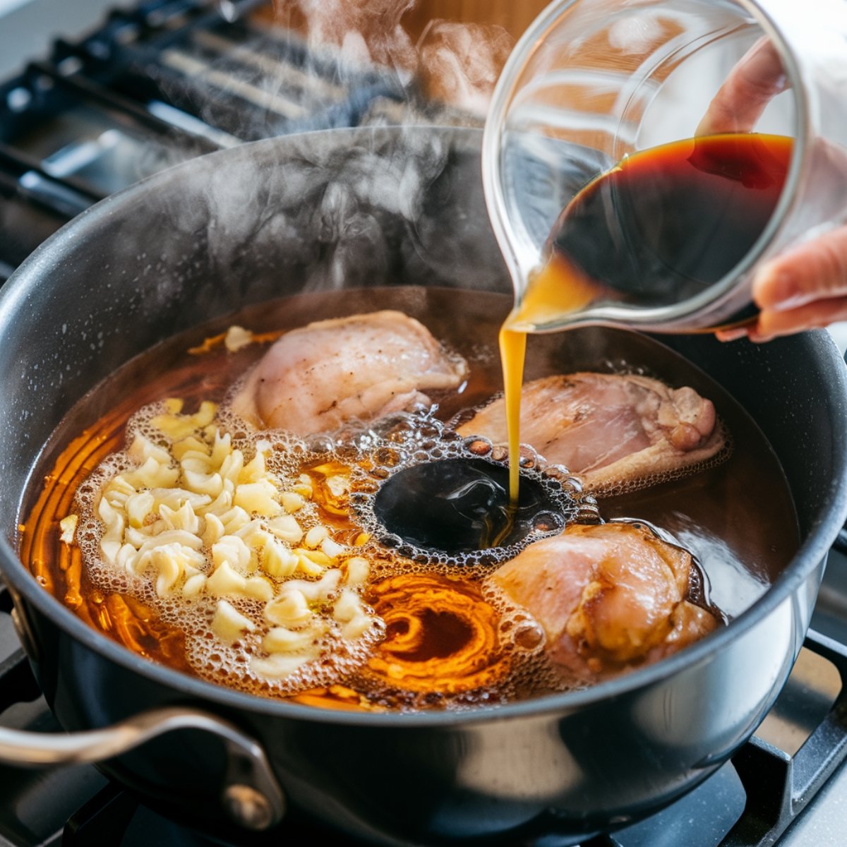 A steaming pot of Chicken Long Rice simmering on the stovetop, with chicken thighs, fresh garlic, and soy sauce being poured in, creating a rich and flavorful broth. This Hawaiian-inspired dish is a comforting and savory recipe featuring tender chicken and glass noodles infused with aromatic ginger and umami flavors.