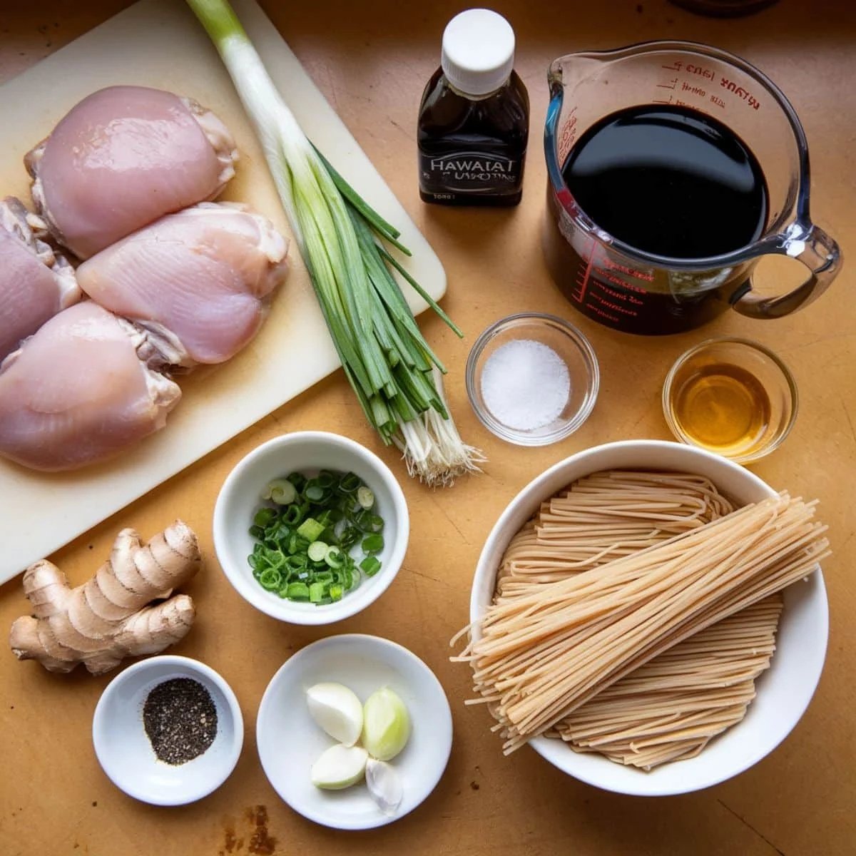 A top-down view of fresh ingredients for a Chicken Long Rice Recipe, including chicken thighs, glass noodles, green onions, ginger, garlic, soy sauce, Hawaiian salt, black pepper, and broth. This Hawaiian-inspired dish combines tender shredded chicken with flavorful broth and vermicelli noodles, making it a comforting and easy-to-make meal.