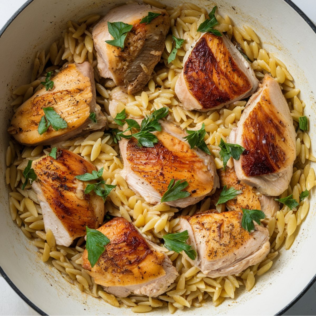 Easy One Pot Chicken Orzo Recipe with golden-seared chicken breast pieces over tender orzo pasta, garnished with fresh parsley. A simple and flavorful one-pan meal perfect for busy weeknights.