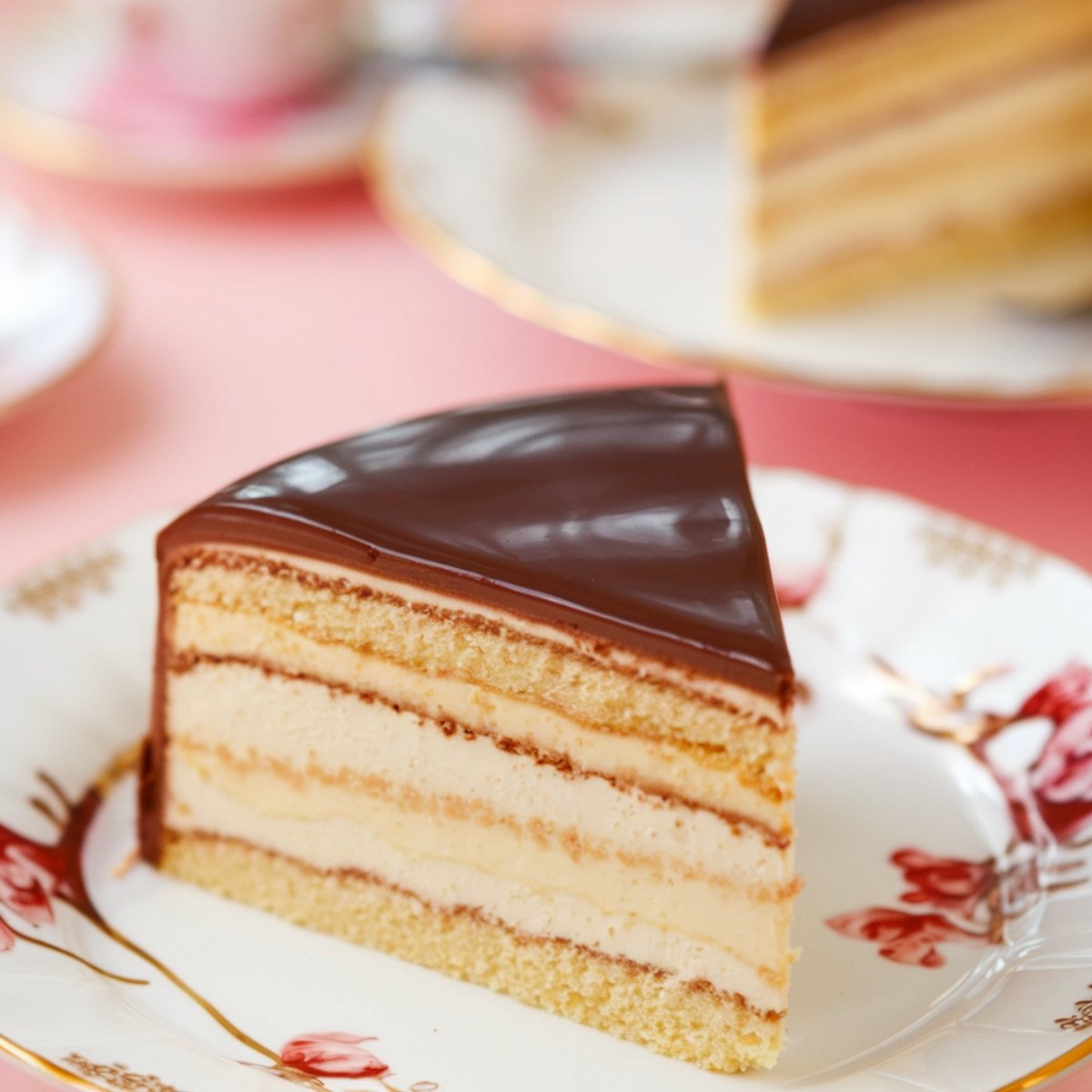 A slice of Boston Cream Cake with layers of soft vanilla sponge cake, rich custard filling, and a smooth chocolate ganache topping, served on a floral plate. This elegant and decadent dessert is perfect for special occasions.