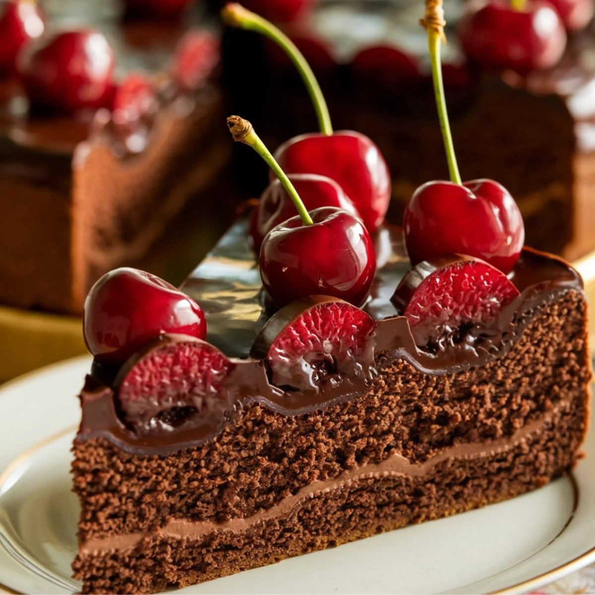 A decadent slice of Chocolate Cherry Cake Recipe featuring layers of moist chocolate sponge, rich chocolate ganache, and fresh cherries. The cake is beautifully decorated with glossy chocolate glaze and whole cherries, creating an elegant and indulgent dessert perfect for chocolate lovers.