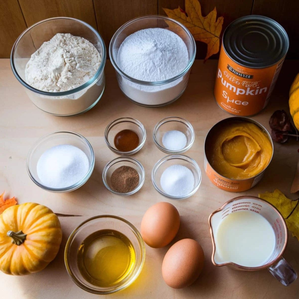 A flat lay of essential ingredients for a homemade pumpkin donut recipe, including flour, sugar, eggs, milk, oil, canned pumpkin puree, and warm spices like cinnamon and nutmeg. These ingredients create soft, fluffy, and flavorful pumpkin donuts perfect for fall baking.