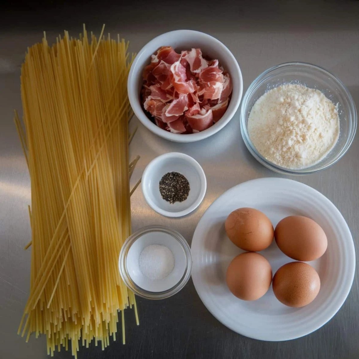 Essential ingredients for a Traditional Carbonara Recipe laid out on a stainless steel surface, including spaghetti, eggs, grated Pecorino Romano cheese, freshly ground black pepper, salt, and thinly sliced prosciutto. These classic Italian staples come together to create an authentic, creamy carbonara without cream.