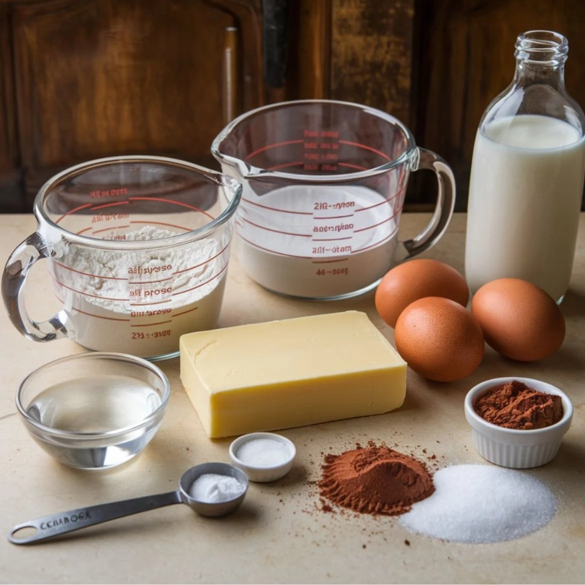 Essential ingredients for a Texas Sheet Cake recipe, including flour, sugar, cocoa powder, butter, eggs, milk, baking soda, and vanilla extract, displayed on a rustic kitchen countertop. These classic baking staples come together to create a rich and fudgy chocolate cake with a smooth, decadent frosting.