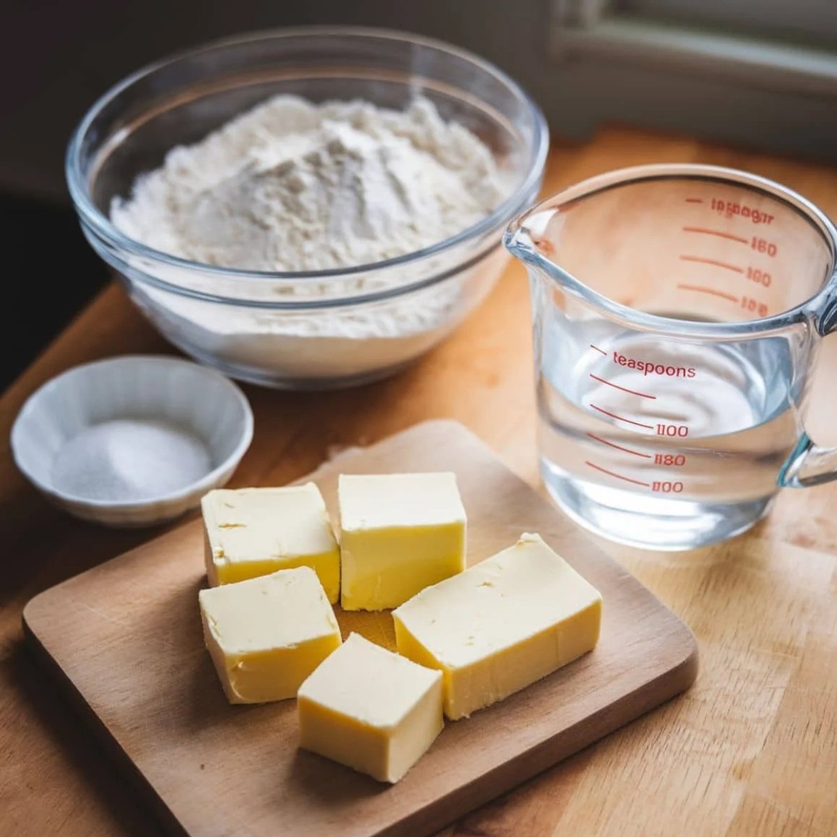 Essential ingredients for a flaky bourbon pecan pie recipe crust, including butter, flour, water, and salt, arranged on a wooden surface. A simple and classic pie dough for a rich and buttery homemade dessert.