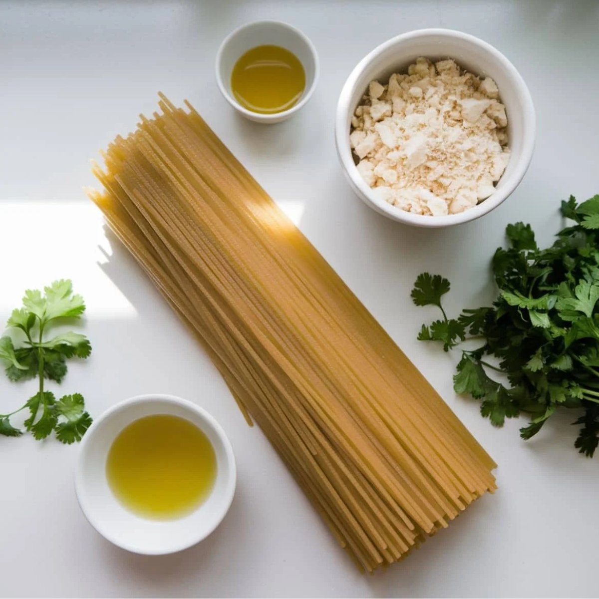 Essential ingredients for a delicious Green Spaghetti Recipe, featuring uncooked spaghetti, fresh cilantro, grated cheese, and olive oil. Perfect for making a creamy and flavorful pasta dish!