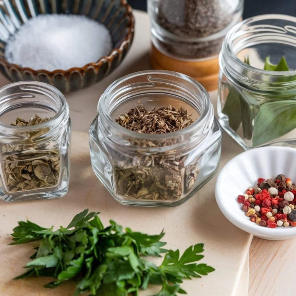 Essential spices for One Pot Chicken Orzo Recipe, including dried herbs, bay leaves, parsley, mixed peppercorns, salt, and black pepper. The perfect seasoning blend for a flavorful one-pan chicken and pasta dish.