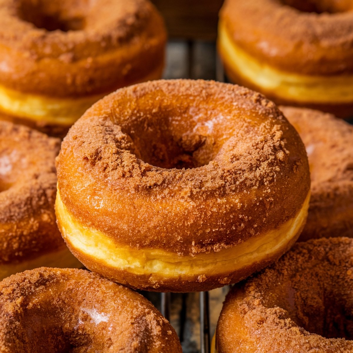 A close-up of fluffy pumpkin donuts coated in a rich, spiced cinnamon-sugar topping, freshly baked and cooling on a wire rack. These golden-brown treats are packed with warm autumn flavors, making them a perfect seasonal dessert.