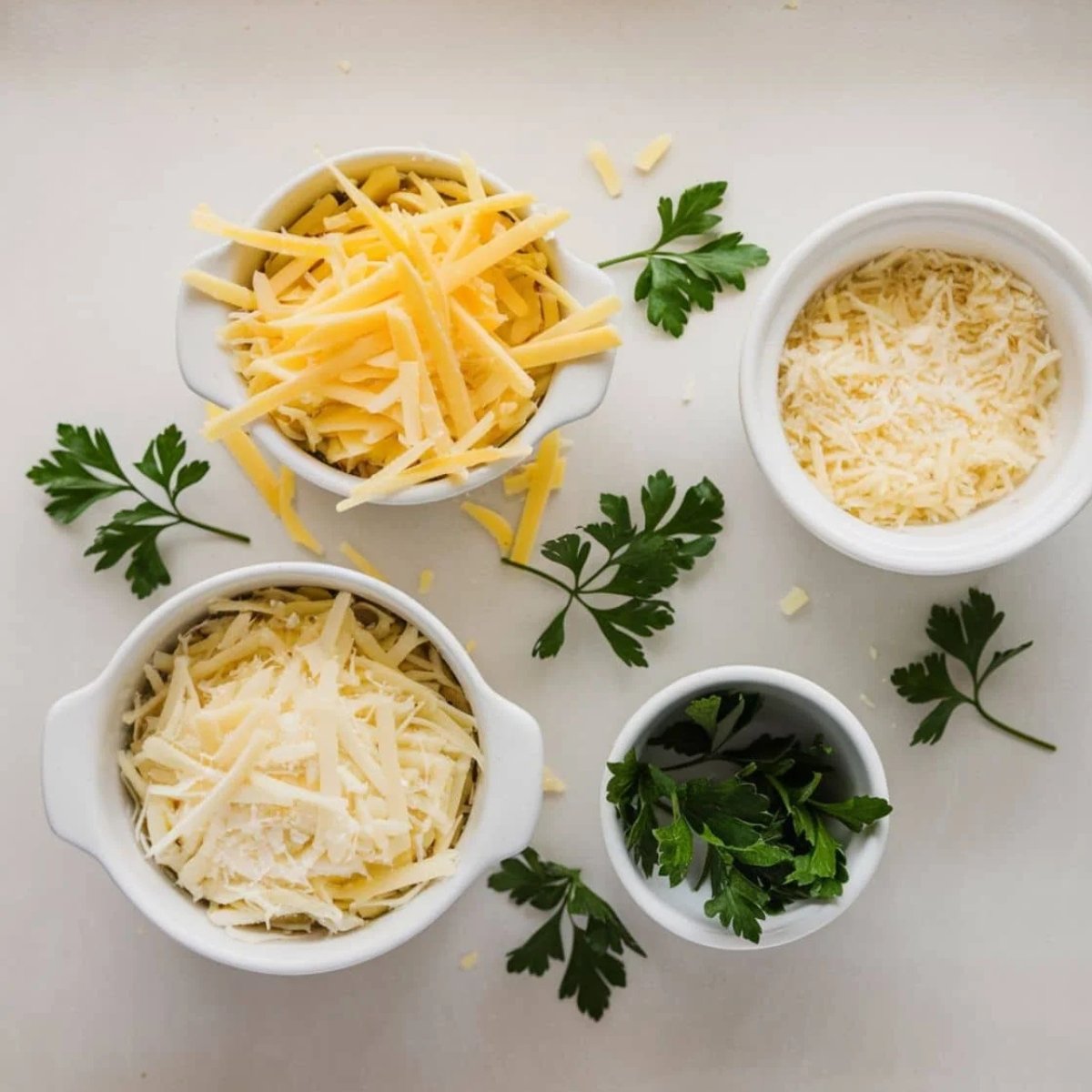 A beautifully arranged selection of shredded cheeses, including Parmesan and cheddar, alongside fresh parsley in small white bowls. These ingredients are essential toppings for a rich and savory French Onion Chicken Recipe, adding layers of cheesy goodness and aromatic herbs to enhance the dish. Perfect for a comforting and flavorful meal.