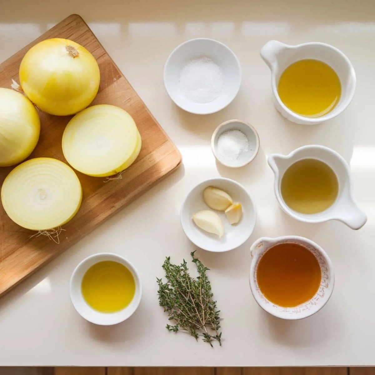 A neatly arranged selection of ingredients for the French Onion Chicken Recipe, featuring fresh yellow onions, garlic cloves, olive oil, butter, beef broth, white wine, salt, and fresh thyme. These ingredients come together to create a rich, caramelized onion sauce that enhances the savory depth of the dish. Perfect for a comforting and flavorful meal.