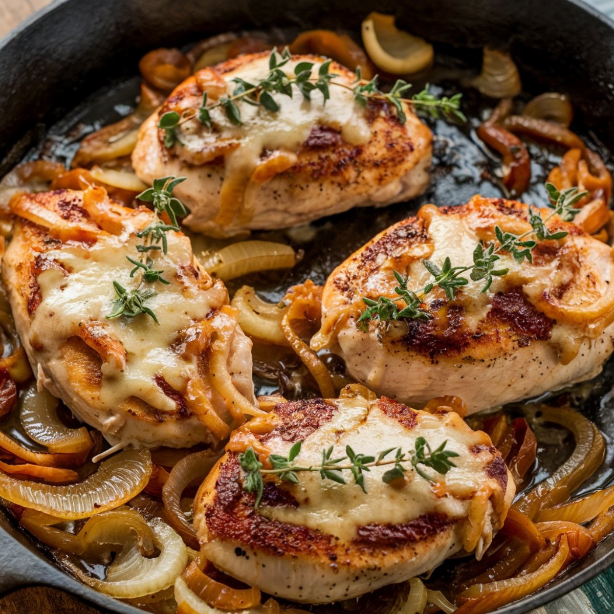 French Onion Chicken Recipe featuring golden-browned chicken breasts smothered in caramelized onions, melted cheese, and a savory pan sauce, garnished with fresh thyme, served in a cast-iron skillet.