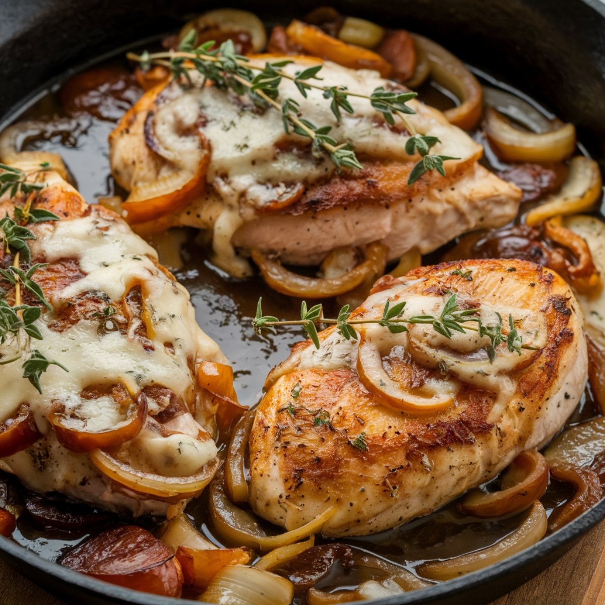 French Onion Chicken Recipe featuring pan-seared chicken breasts smothered in caramelized onions, melted cheese, and a rich, savory sauce, garnished with fresh thyme in a cast-iron skillet.