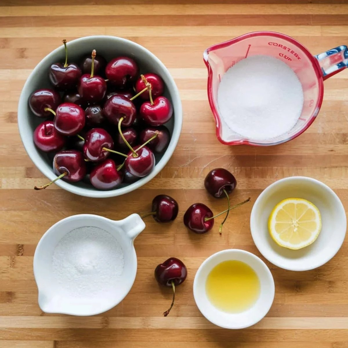 A flat-lay image of fresh cherries, granulated sugar, powdered sugar, lemon juice, and vanilla extract on a wooden surface, showcasing the essential ingredients for a Chocolate Cherry Cake Recipe. These ingredients are used to make a homemade cherry compote, a sweet and tangy filling that enhances the cake’s rich chocolate flavor.