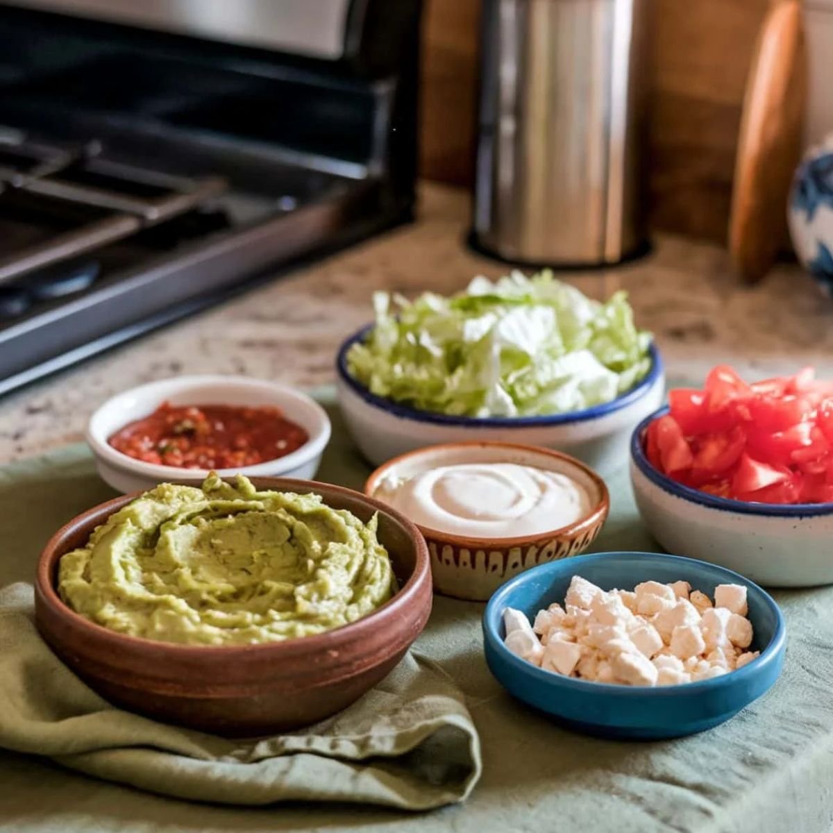 Fresh and flavorful toppings for a Beef Taquitos recipe, including guacamole, salsa, sour cream, diced tomatoes, shredded lettuce, and crumbled cheese. The perfect accompaniments for crispy homemade taquitos.