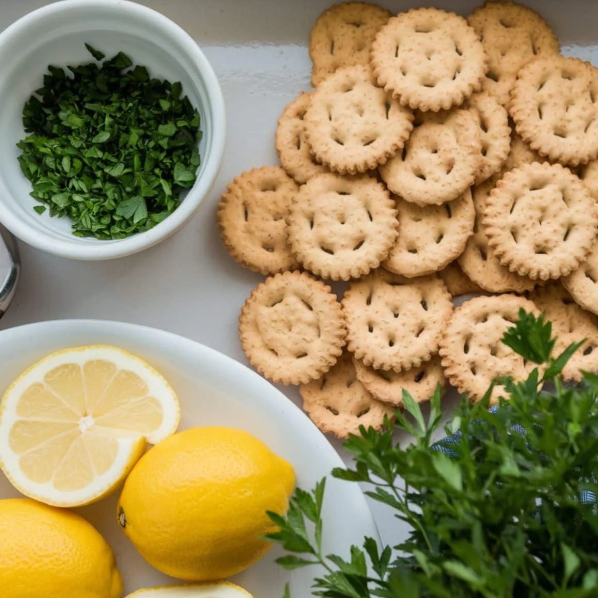 Fresh garnishes for a hearty seafood chowder recipe, including crispy crackers, lemon wedges, and chopped parsley. The perfect finishing touch for a flavorful and comforting seafood dish.