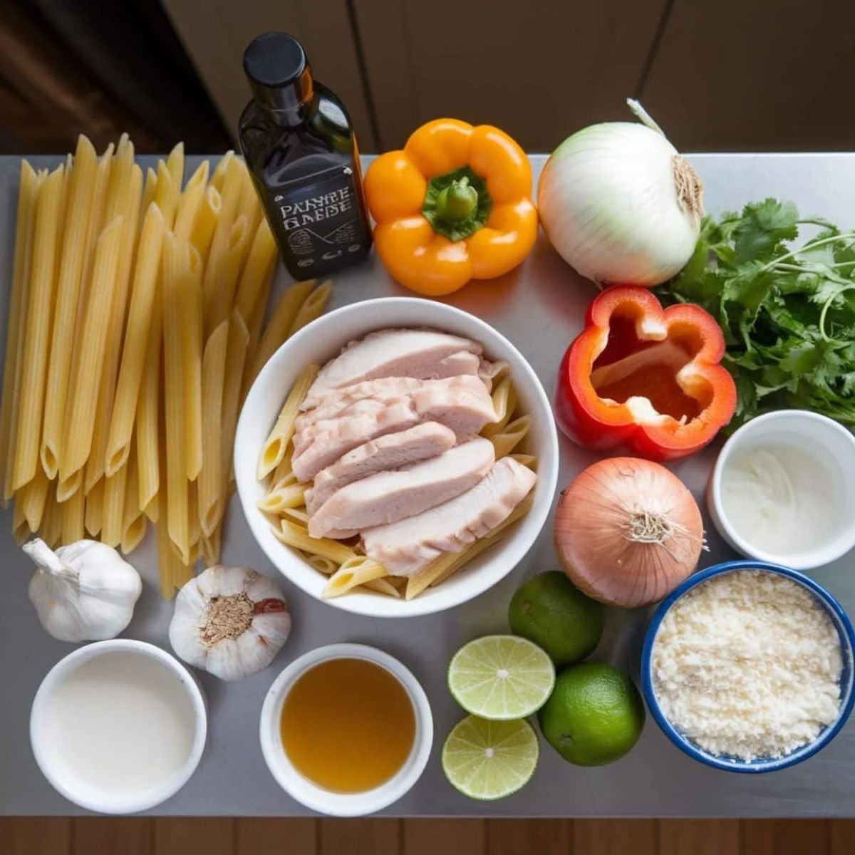 Fresh ingredients for a Chicken Fajita Pasta Recipe, including penne pasta, grilled chicken, bell peppers, onions, garlic, lime, cilantro, and cheese. This creamy and flavorful Tex-Mex dish combines bold fajita seasoning with tender pasta for a delicious meal!