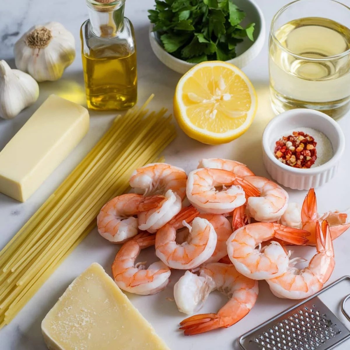 Fresh ingredients for Garlic Butter Shrimp and Pasta, including raw shrimp, spaghetti, Parmesan cheese, garlic, butter, olive oil, lemon, fresh parsley, white wine, and red pepper flakes. These flavorful components come together to create a rich and savory seafood pasta dish.