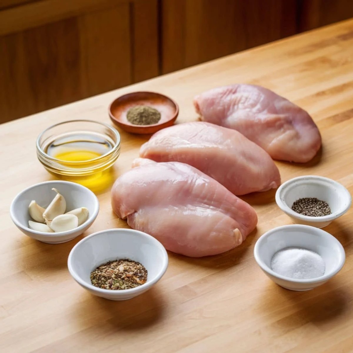 Fresh ingredients for a Grilled Chicken Parmesan Recipe, featuring raw chicken breasts, garlic cloves, olive oil, salt, black pepper, dried herbs, and ground spices on a wooden cutting board. These seasonings create a flavorful base for the dish, ensuring juicy and well-seasoned grilled chicken before adding marinara sauce and melted cheese.