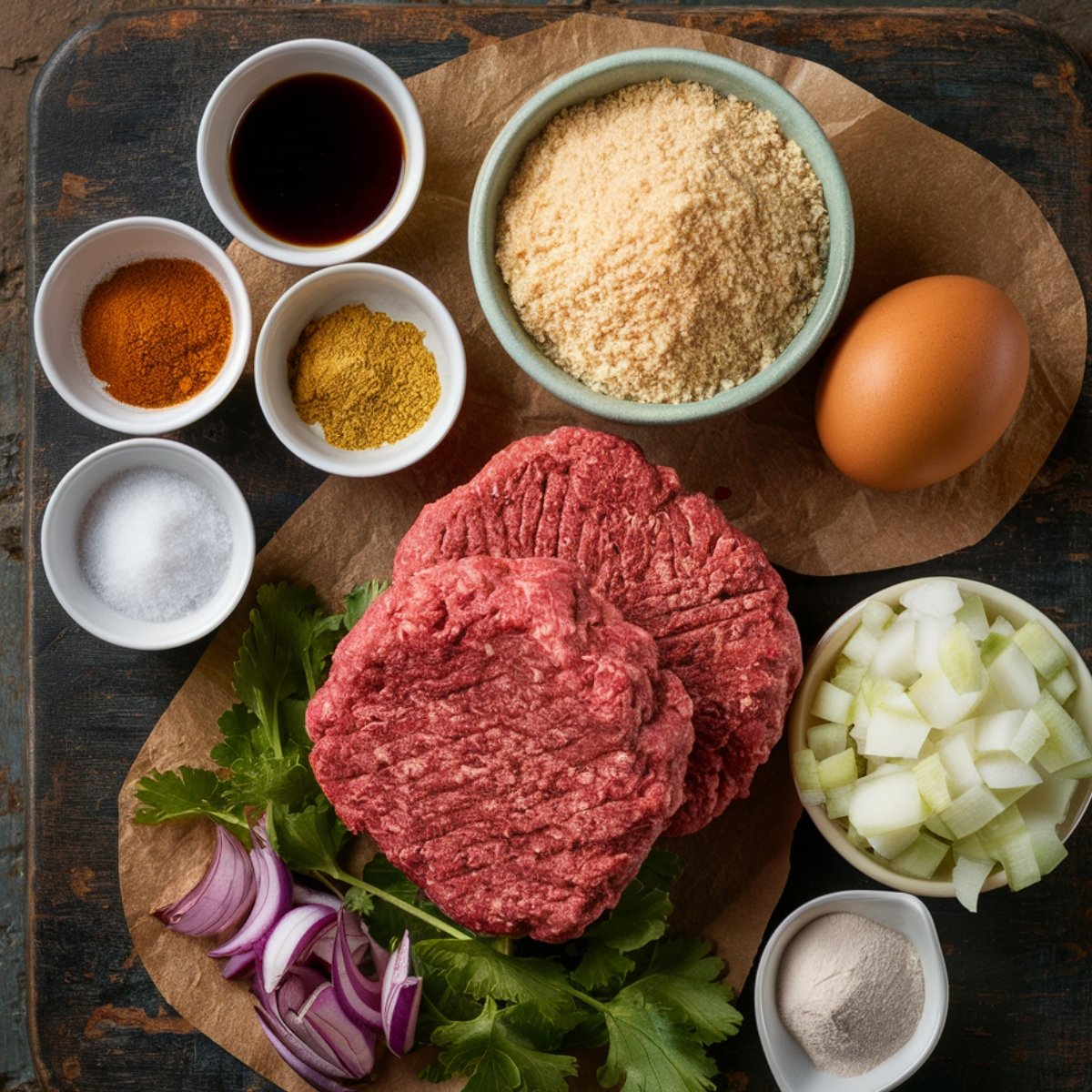 A top-down view of fresh ingredients for a Salisbury steak recipe, including ground beef, breadcrumbs, diced onions, an egg, Worcestershire sauce, and a blend of seasonings. These ingredients are arranged on a rustic wooden board, ready to be mixed for a flavorful and hearty homemade Salisbury steak.