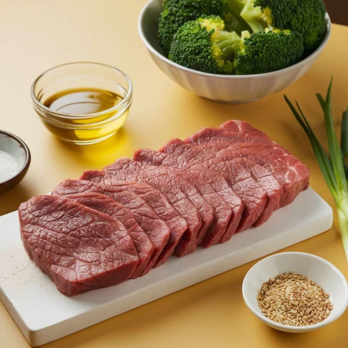 Fresh Ingredients for Teriyaki Beef Recipe – Sliced raw beef, sesame seeds, green onions, soy sauce, and broccoli, ready to create a flavorful homemade dish.