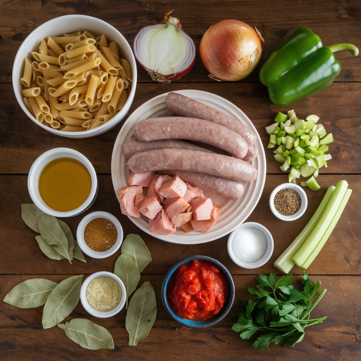 A top-down view of fresh ingredients for a pastalaya recipe, including penne pasta, raw andouille sausage, cubed chicken, diced onions, green bell peppers, celery, minced garlic, bay leaves, Cajun seasoning, diced tomatoes, and fresh parsley, all arranged on a rustic wooden surface. These bold and flavorful Cajun ingredients come together for a hearty Louisiana-inspired dish.